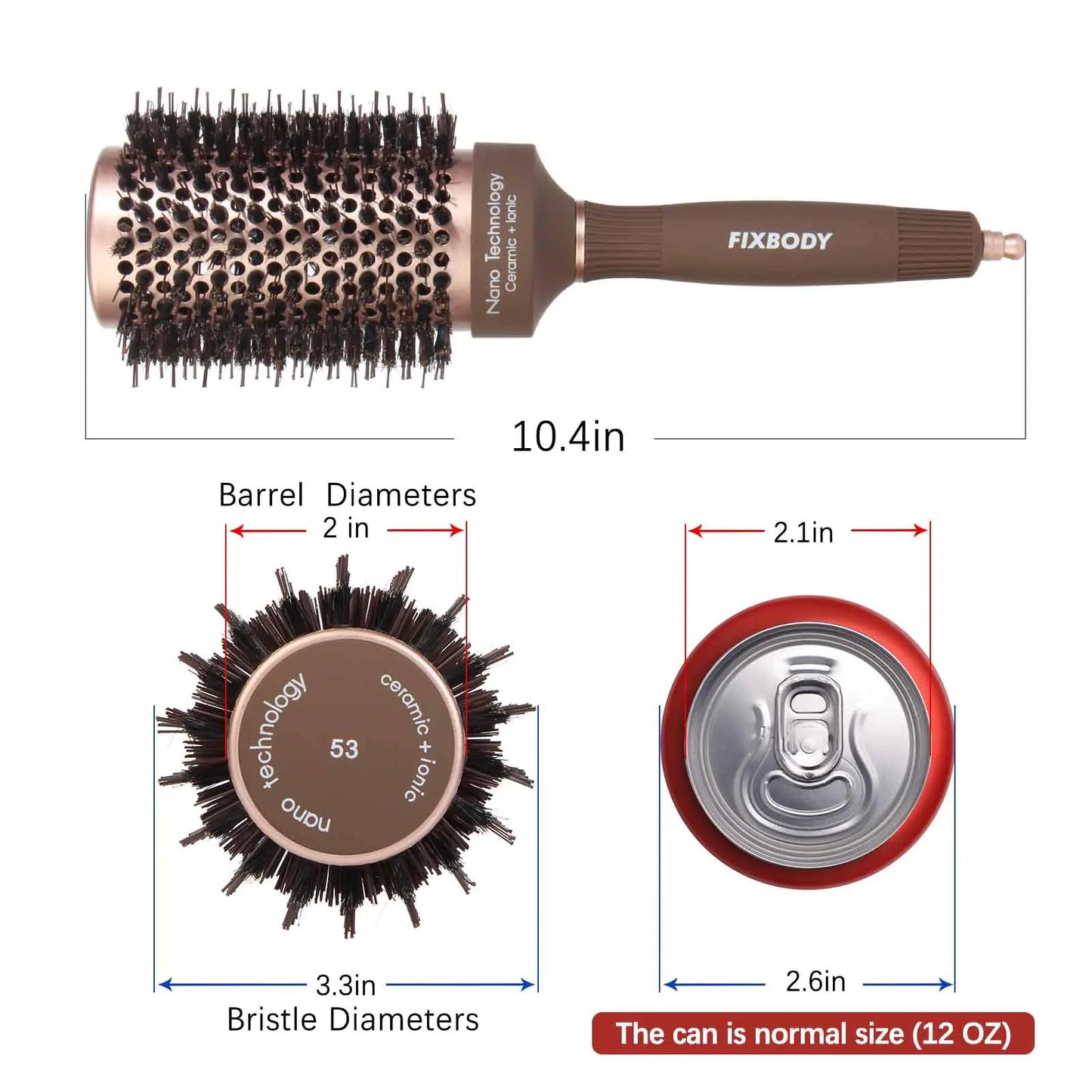 FIXBODY Hair Brush, Round Brush for Blow Drying, Curling, Styling, Nano Thermal Ceramic & Ionic Tech, Boar Bristle, 3.3 inch, 2 inch Barrel, for Women, Volume & Shine, Brown, Hair Brush for Thick Hair 3.3 Inch (Pack of 1)