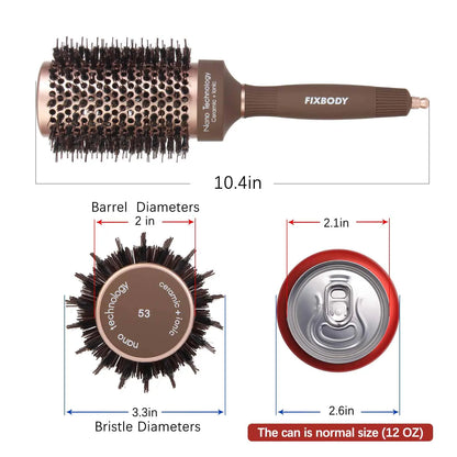 FIXBODY Hair Brush, Round Brush for Blow Drying, Curling, Styling, Nano Thermal Ceramic & Ionic Tech, Boar Bristle, 3.3 inch, 2 inch Barrel, for Women, Volume & Shine, Brown, Hair Brush for Thick Hair 3.3 Inch (Pack of 1)