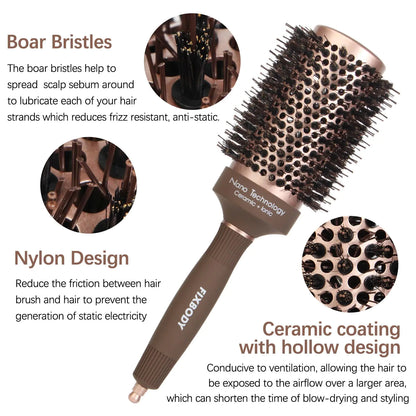 FIXBODY Hair Brush, Round Brush for Blow Drying, Curling, Styling, Nano Thermal Ceramic & Ionic Tech, Boar Bristle, 3.3 inch, 2 inch Barrel, for Women, Volume & Shine, Brown, Hair Brush for Thick Hair 3.3 Inch (Pack of 1)