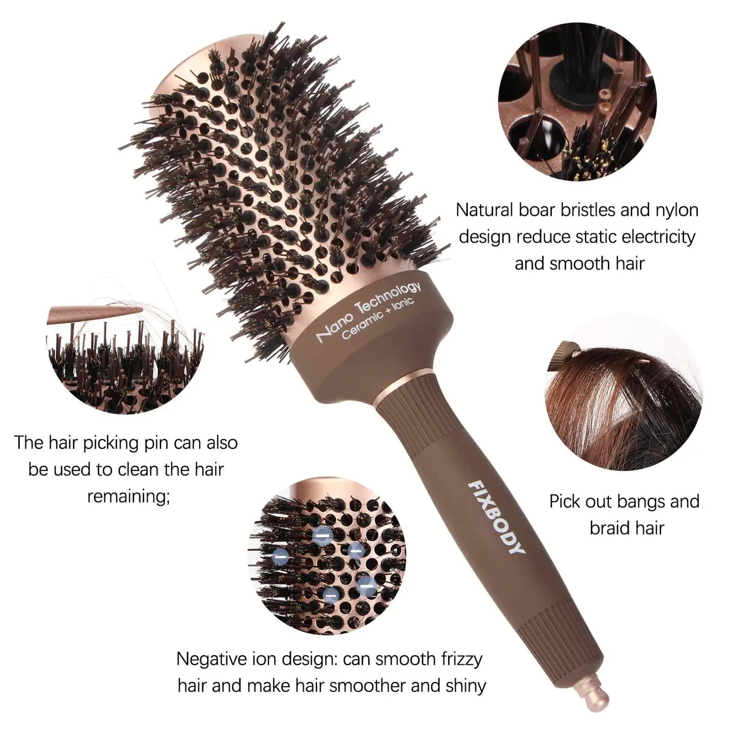 FIXBODY Hair Brush, Round Brush for Blow Drying, Curling, Styling, Nano Thermal Ceramic & Ionic Tech, Boar Bristle, 3.3 inch, 2 inch Barrel, for Women, Volume & Shine, Brown, Hair Brush for Thick Hair 3.3 Inch (Pack of 1)