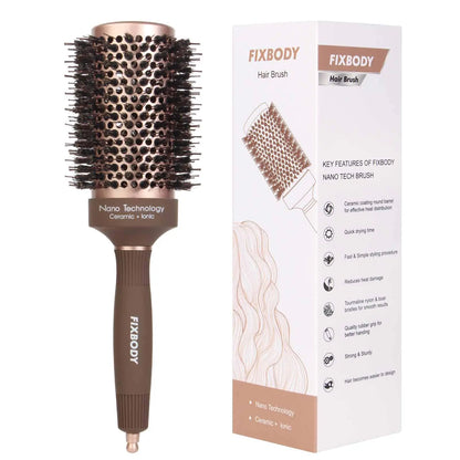 FIXBODY Hair Brush, Round Brush for Blow Drying, Curling, Styling, Nano Thermal Ceramic & Ionic Tech, Boar Bristle, 3.3 inch, 2 inch Barrel, for Women, Volume & Shine, Brown, Hair Brush for Thick Hair 3.3 Inch (Pack of 1)